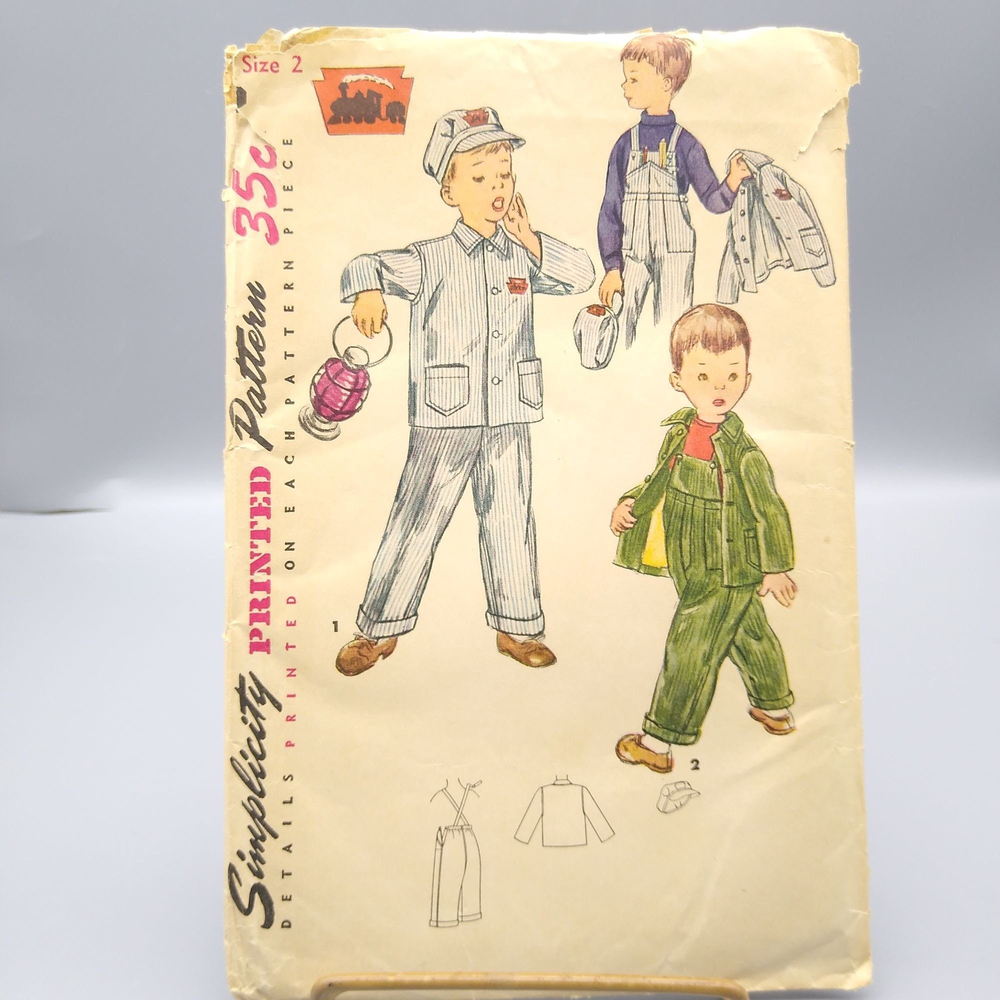 Vintage Sewing PATTERN Simplicity 4453, Boys 1950s Overall and Jacket and Cap, Transfer Included, Child Size 2 Train Engineer