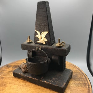 Vintage Miniature Wood Fire Place Wall Hanging, Doll House Furnishings Complete with Candlesticks, Logs, Eagle Emblem and Hanging Pot