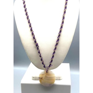 Lovely Purple Seed Bead Torsade Necklace with Banded Lace Agate Pendant, Natural Stone Boho Chic
