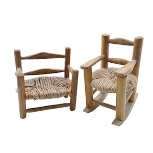 Vintage Wooden Doll Chairs - Rustic Woven Mini Furniture Set Rocking & Armchair