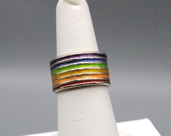 Vintage Wide Rainbow Band Ring, Silver Tone with Enamel Channels