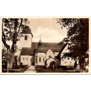 Carte postale vintage Wreta Klosterkyrka avec photo réelle RPPC Suède église du monastère