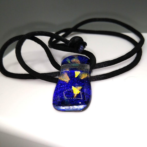 Dichroic Art Glass Modernist Pendant on Black Sat… - image 3