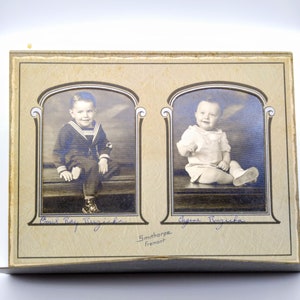 Vintage Double Cabinet Card, Black and White Photograph Adorable Toddler and Baby Brother, 1940s Period Portrait