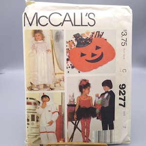 May include: McCall's sewing pattern number 9277, size 7, for children's Halloween costumes. The pattern includes a pumpkin costume, a ballerina costume, a magician costume, and an astronaut costume. The pattern is $3.75.