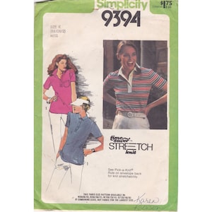 May include: Simplicity sewing pattern number 9394 for a knit shirt. The pattern is for sizes 8, 10, and 12. The pattern includes instructions for making a striped shirt with a collar and short sleeves.