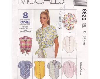 PADRÃO de costura vintage SEM CORTES McCalls 8620, camisas Misses 1997, tamanho D 12 14 16, 8 ótimos looks de um padrão