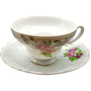 Set di tazze e piattini in porcellana Bone China vintage con motivo floreale a rose rosa, realizzati in Giappone