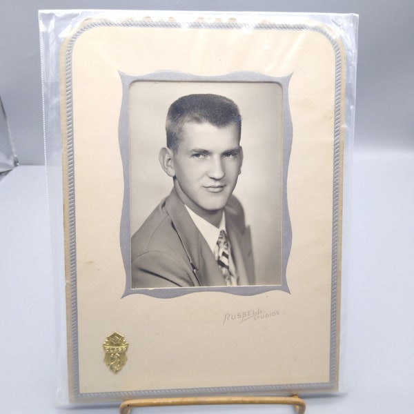 Vintage Portrait Photo in Cabinet Card, Original Black and White Senior Graduate Young Man 1950s Russell Studios Class of 54a