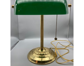 Vintage Bankers Desk Lamp with Cased Green Glass Shade and Brass Column, Elegant Office Decor