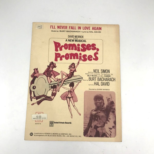 Vintage Sheet Music, I'll Never Fall in Love Again by Dionne Warwick, 1969 Promises Promises, Musical by Merrick, Neil Simon Burt Bacharach