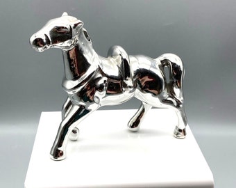 Vintage Ceramic Horse Figurine with Metallic Glaze in Reflective Silver, MCM Collectible Equine Decor