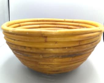 Vintage Coiled Bamboo Bowl, Boho Rattan Bread Basket Fruit Bowl, Retro Bent Cane Wicker Dish, Great for Display, Cottage Centerpiece