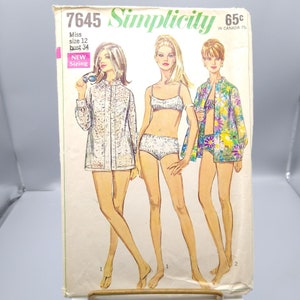Vintage Sewing PATTERN Simplicity 7645, Misses 1968 Two Piece Bathing Suit and Shirt, Size 12 Bikini Swimwear and Coverup