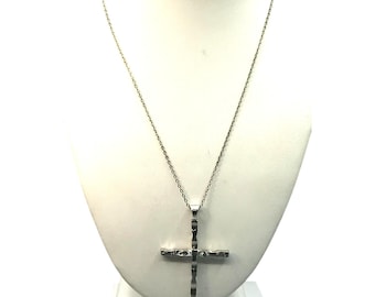 Reversible Silver Cross Pendant on Silver Tone Chain Necklace, One Side Polished, One Side Brushed Texture