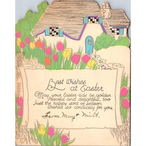 Carte de voeux de Pâques vintage avec étiquette cadeau découpée en forme de cottage floral