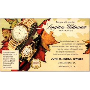 Vintage 1950er Jahre Longines-Wittnauer Uhr Werbepostkarte mit 2 Cent US Post Briefmarke
