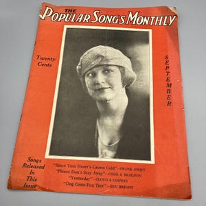 Vintage Sheet Music, Popular Songs Monthly Music Magazine, September 1920