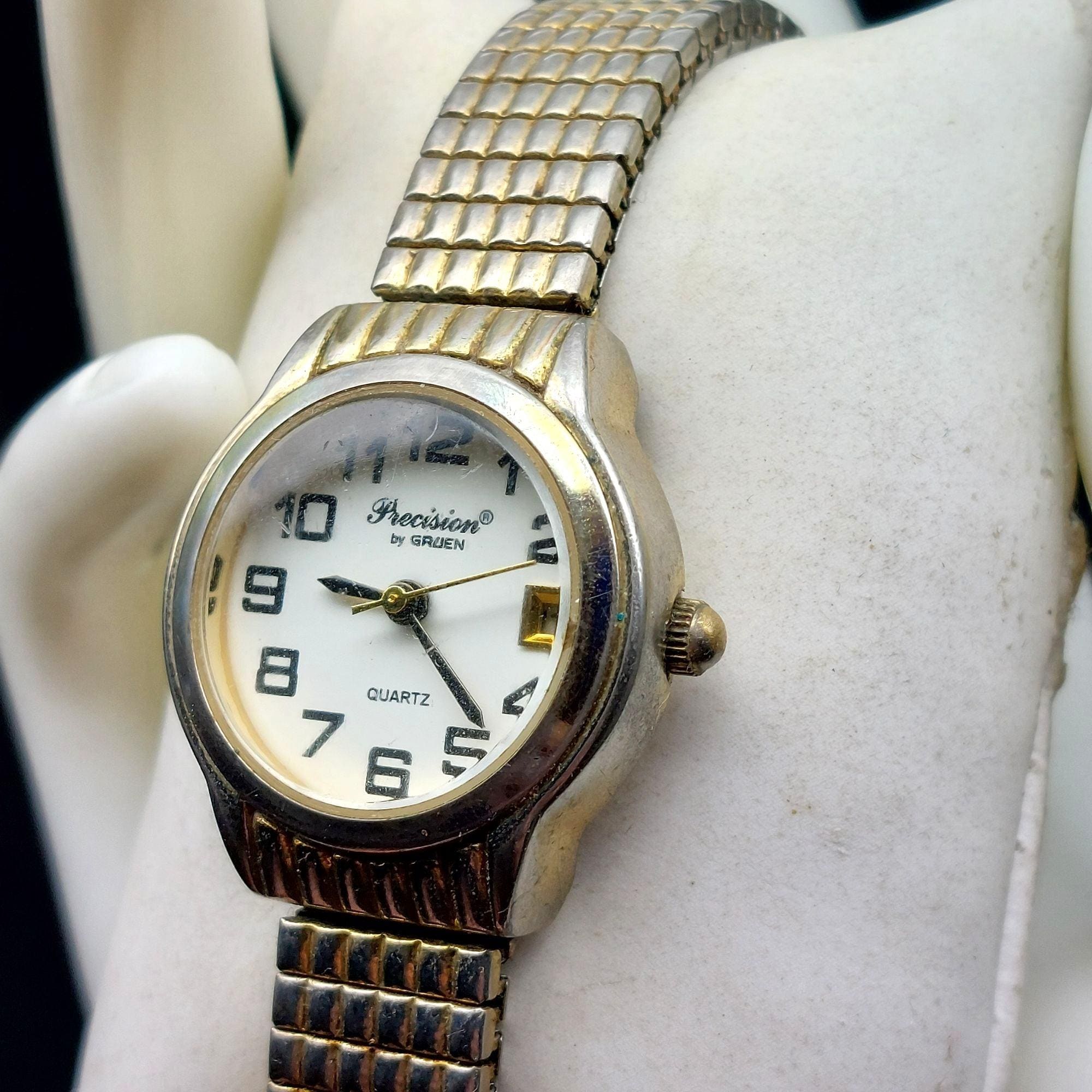 Vintage Gruen Precision Quartz Ladies Date Watch With Stretch Band Stainless Ste Vintage Gruen Precision Quartz Ladies Date Watch With  main image 2