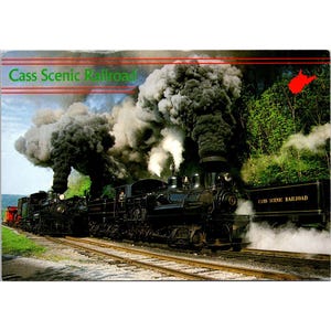 Cartolina continentale del parco statale della ferrovia panoramica di Cass, WV 061, scena di fumo di un treno con locomotiva a vapore d'epoca
