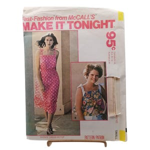 May include: A McCall's sewing pattern envelope titled Fast-Fashion Make It Tonight. The front displays two garment options: a pink floral midi dress with shoulder ties and a floral print sleeveless top with wide straps. The size is marked as small.