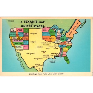 Cartão postal vintage: um mapa texano dos Estados Unidos, carimbo postal de 1968, saudações do Estado da Estrela Solitária