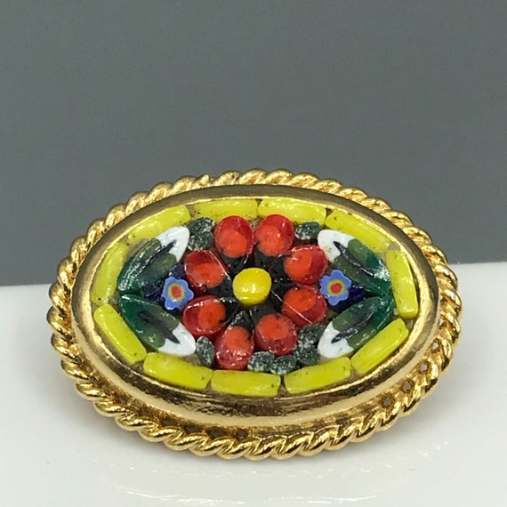 Vintage Floral Mosaic Pin, Yellow and Red Flower, 