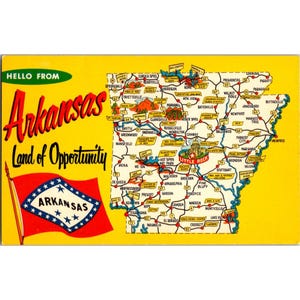Cartolina d'epoca dell'Arkansas "Terra delle opportunità", mappa e bandiera stampate negli Stati Uniti