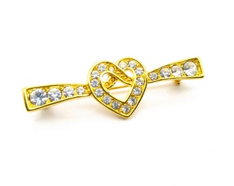 Vintage Napier Heart Bow Broche, elegante pasador de solapa de barra en cristales transparentes y tono dorado