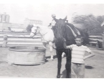 Vintage Tobiana Stables Snapshot, Black and White Image of Country Boys on Horseback, Midwest Rural Horses