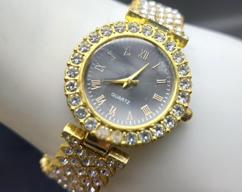 Vintage Gold-Tone Quartz Watch With Rhinestone Bezel & Band Works New Battery