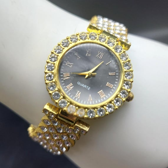 Vintage  gold crystal Rhinestone Gold Watch Vintage Pegasus Ladies Quartz Watch Gold Tone Mesh Band Blue  main image 4
