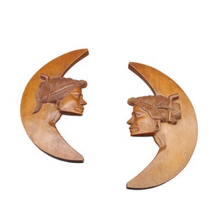 Vintage Hand-Carved Wooden Crescent Moon Wall Art Pair with Tribal Faces