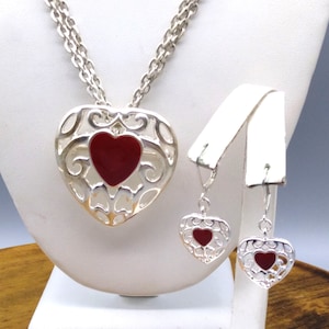 Vintage Red Enamel Heart Parure, Pendant Brooch Necklace and Matching Dangle Earrings on Silver Tone Openwork, Romantic Jewelry Set