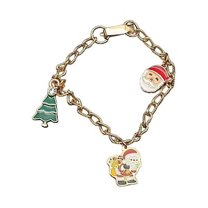 Vintage Weihnachts-Bettelarmband, goldfarbene Links Starter Armreif mit 3 Emaille-Charms, Winter-Weihnachtsbaum-Ferien