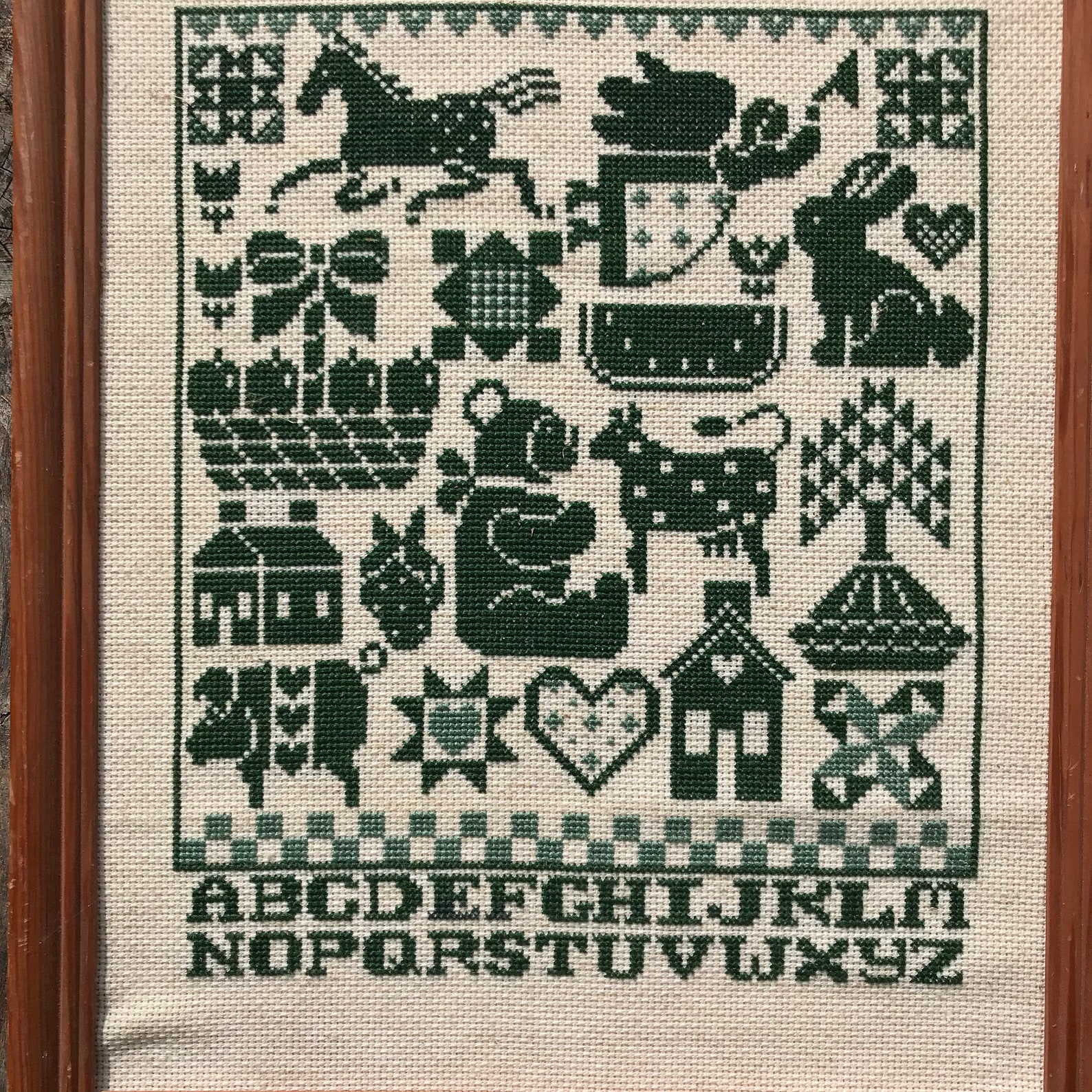 Vintage Framed Amish Cross Stitch Sampler Art Green and White Etsy UK