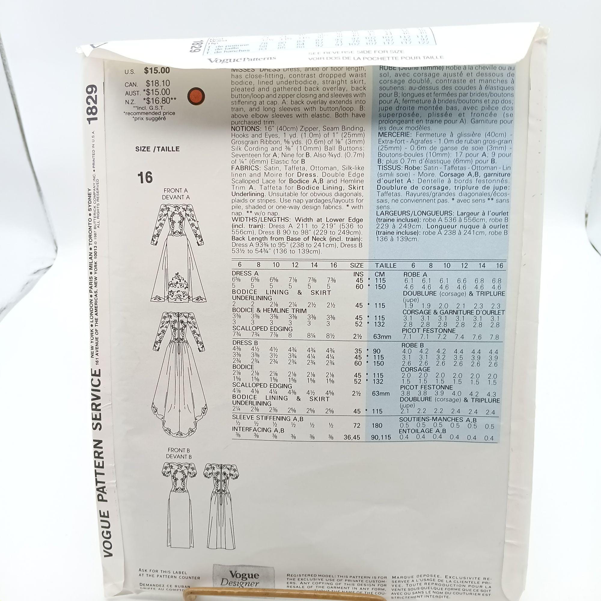 Pattern V1829 Vintage Vogue Bridal Original Sewing Pattern #1829 Size 10 or 14 1987 ...