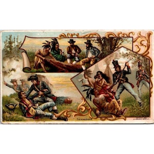 Vintage Tennessee 49 Trade Card door Arbuckle Bros Coffee Co, circa jaren 1890 met historische scènes en tekst