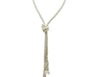 Crocheted Seed Pearls Rope Lariat, Elegant Flapper Sautoir, Vintage Necklace with Clear White Luster Seed Beads and Tassel Open Ends