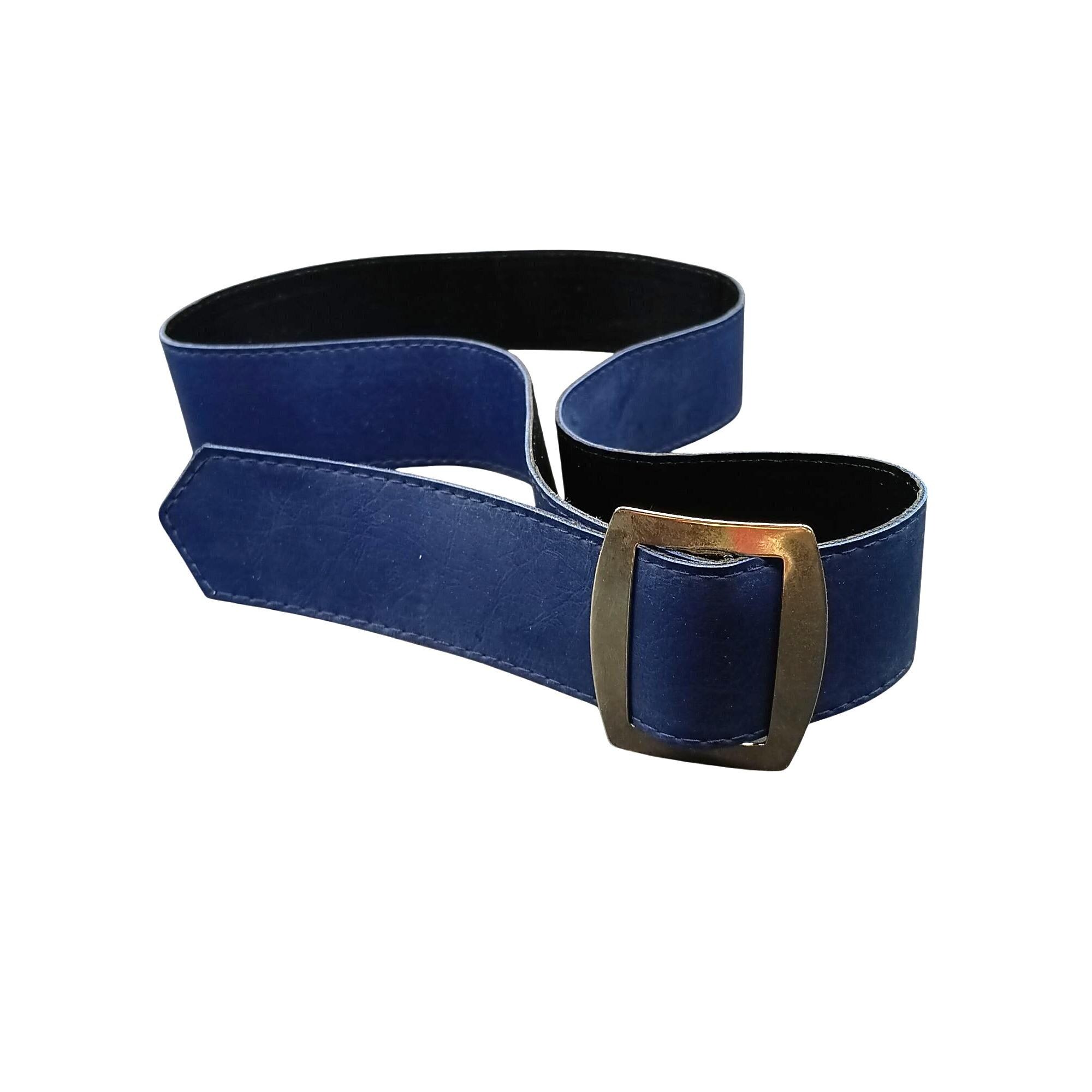 Antique brass belt buckle on blue leather. Electric Blue Wide Leather Snap Belt with Gold Tone Antique  main image 2