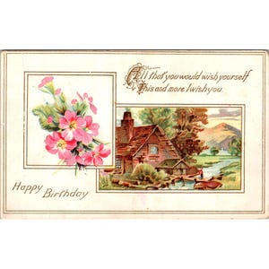 Vintage 1913 Geburtstags-Postkarte Mit Cottage & Blumenmuster Reasnor Iowa