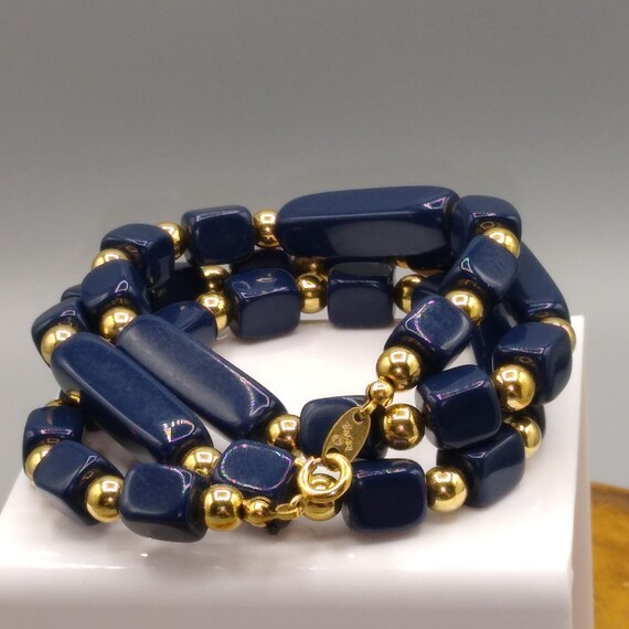 Vintage Trifari Beaded Necklace, Navy Blue and Go… - image 2