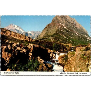 Cartolina d'epoca continentale, Swiftcurrent Falls, Parco nazionale dei ghiacciai, Montana, vista panoramica