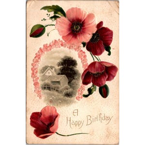 Cartão postal vintage de 1912 com papoulas de feliz aniversário, design floral e cena campestre
