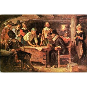 Cartão postal vintage compacto do Mayflower de 1620, de J.L.G. Ferris, cena americana antiga laminada