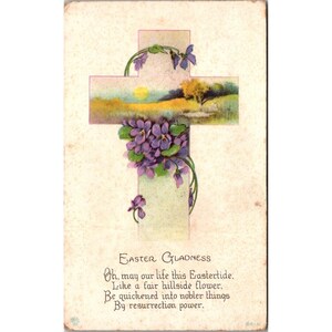 Carte postale de Pâques vintage avec croix et violettes