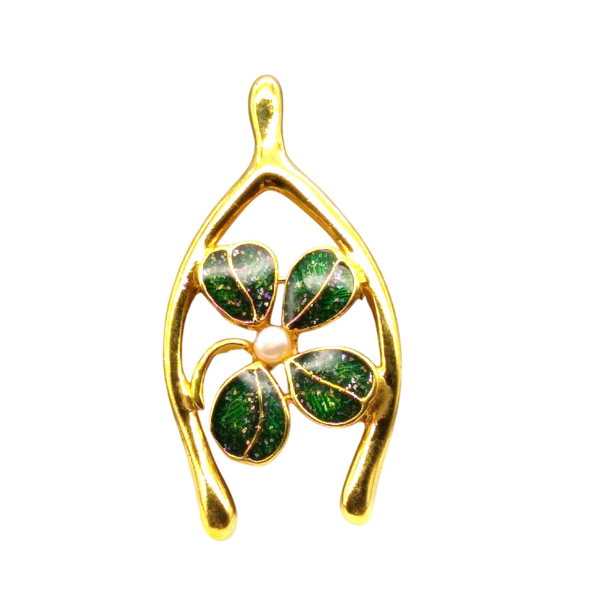 Vintage JJI Good Luck Brooch, Gold Tone Wishbone Pin With Green
