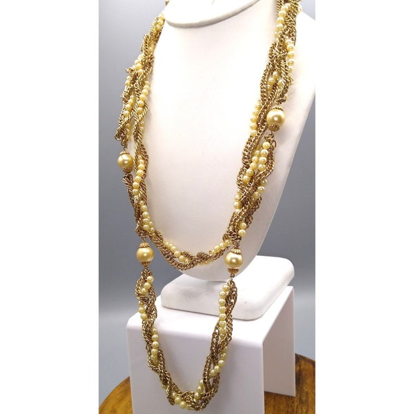 Fabulous Multi Strand Glass Pearl and Chain Twist Necklace, Elegant Shine Vintage Messy Mix of Bead Sizes, Statement Runway Couture