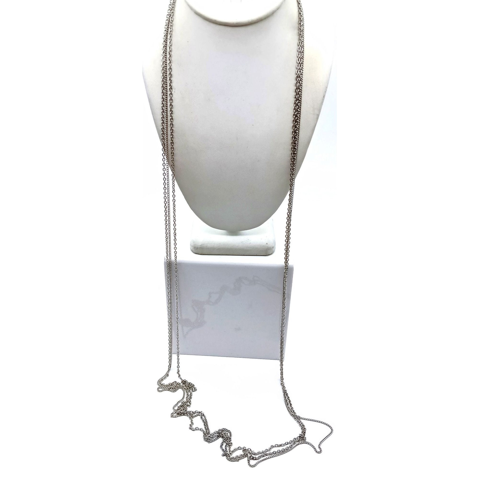 Grand Collier Bijou Vintage 3 Rangs De Chaînes - Couleur Argent - Occasion