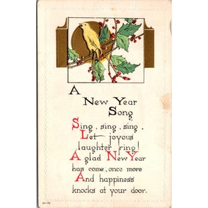 Carte postale ancienne du Nouvel An 1916 avec oiseaux et houx en relief en or